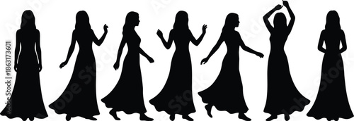 Elegant female dancer silhouettes in flowing long dresses, graceful women dance poses isolated on white background, abstract movement fashion art illustration, vector minimal design