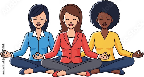 Three women in business attire meditate peacefully, with eyes closed and hands in a yoga pose