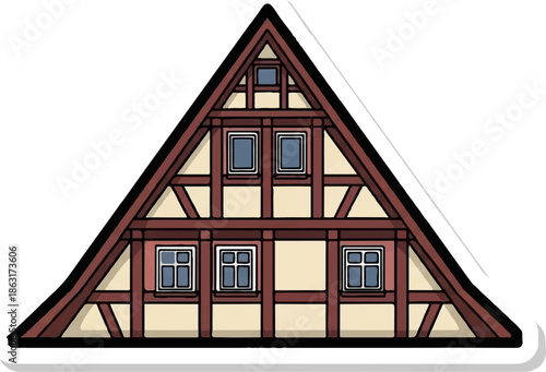 Stylized illustration of a traditional half-timbered house facade, triangular in shape