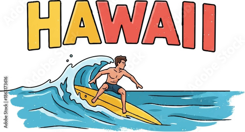 Surfer rides a wave with "HAWAII" text overhead, bright colors, cartoon style