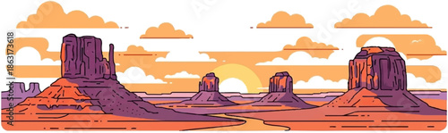 Stylized desert mesas under a warm, cloudy sunset sky with a winding path