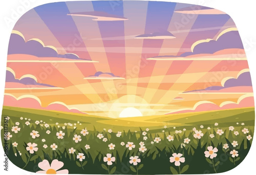 Sunrise over rolling hills with wildflowers in a pixelated style