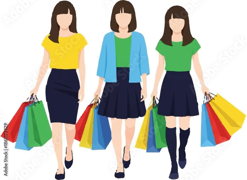 Three women in casual outfits carrying colorful shopping bags, walking in unison