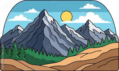 Stylized mountain range with sun, clouds, trees, and rolling hills under a blue sky