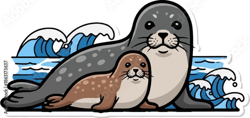 Two cute seals, a mother and pup, relax near crashing waves and ocean water