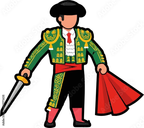 Stylized illustration of a traditional bullfighter in green suit, holding a sword and red cape