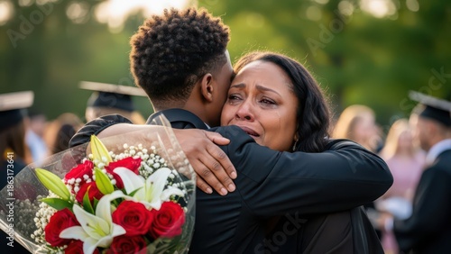 Emotional African American Mother and Son Hugging with Colorful Flower Bouquet in Touching Family Moment at Home. AI Generated