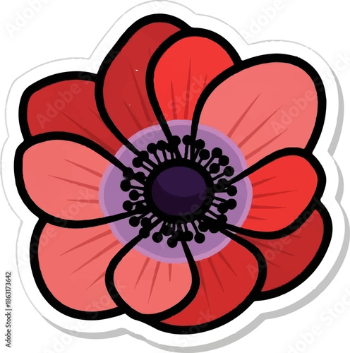 Stylized red poppy with dark center and purple ring