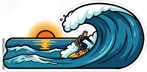 Surfer rides a large wave at sunset