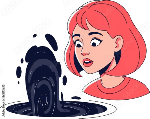 Surprised woman looks down at a swirling black liquid anomaly