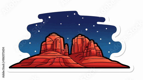 Stylized red rock formations under a starry blue sky with a white outline