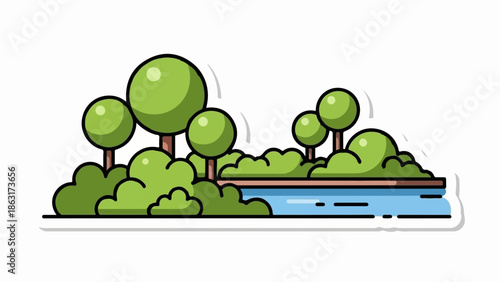 Stylized illustration of a tranquil park scene with trees, bushes, and a calm body of water