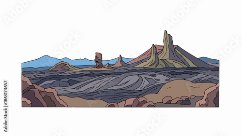 Stylized desert landscape with rock formations and layered terrain