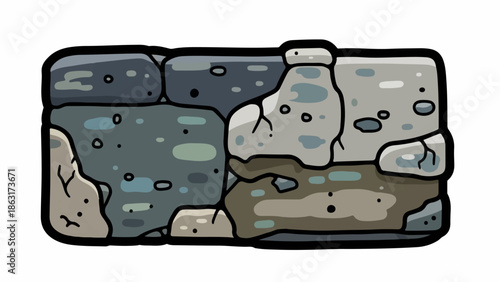 Stylized illustration of a stone wall section, featuring various shades of gray and blue rocks