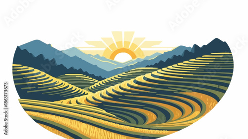 Sunrise over golden terraced fields on a mountainside