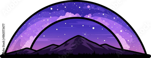 Stylized mountain silhouette under a purple, starry sky within a rainbow arch