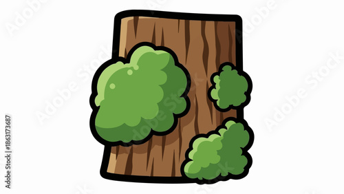 Stylized illustration of a tree trunk with vibrant green foliage, featuring a bold black outline