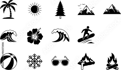 Summer and Winter Adventure Icon Set Vector