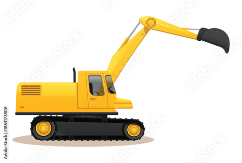 Yellow excavator with black tracks on a white background Keywords: excavator, construction, heavy