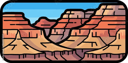 Stylized illustration of a vast canyon with layered red and tan rock formations under a blue sky