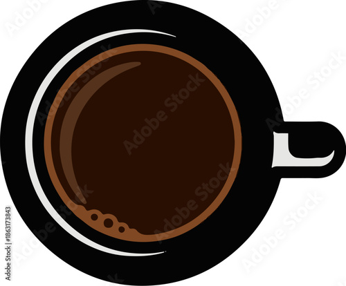 Top view of a black mug filled with dark coffee, showing a creamy rim and bubbles