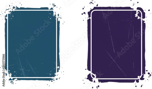 Two distressed rectangular frames, one teal, one purple, with grunge effects
