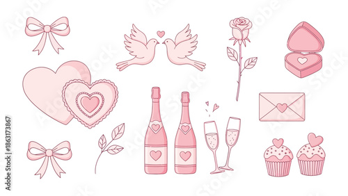 A Collection of Romance: A delicate assortment of romantic elements, depicting symbols of love, from graceful doves to celebratory champagne, perfectly portraying affection