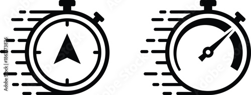 Fast stopwatch icon set design, speed timer symbols with motion lines, urgency time concept, minimal vector illustration graphics