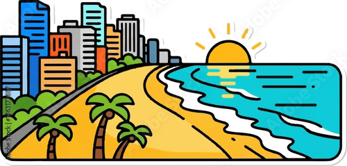 Stylized illustration of a vibrant city skyline next to a sunny beach with palm trees and a sunset over the ocean