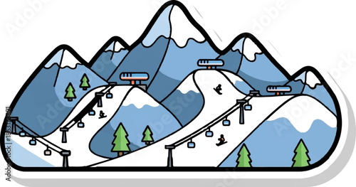 Stylized mountains with ski lifts, snow, trees, and skiers