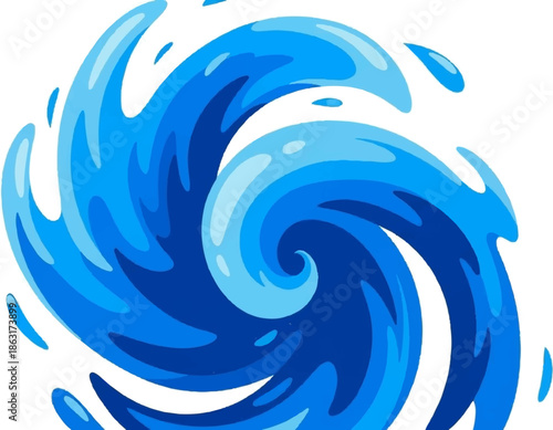 Swirling blue liquid splashes and waves create a dynamic vortex