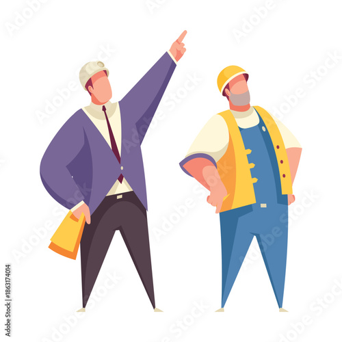 Two construction workers looking up and pointing on white background Keywords: construction