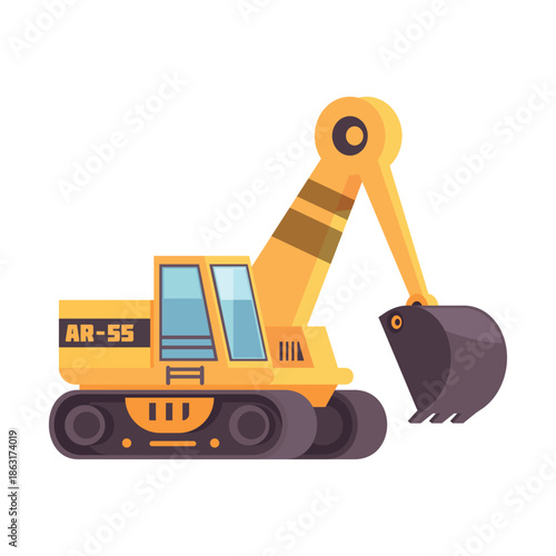 Yellow excavator with AR-55 label and dark bucket on white background Keywords: excavator