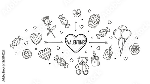 Valentine's Day Line Art Illustration: A charming, hand-drawn arrangement of Valentine's Day symbols, celebrating love and affection with hearts, sweets, and tokens of affection. 