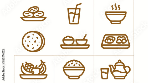 Collection of Islamic food and drink icons for Iftar and Suhoor meals, diverse dishes and beverages
