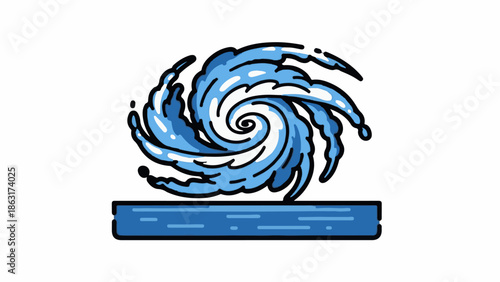 Stylized depiction of a swirling water vortex above a rectangular blue shape