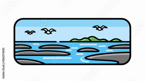 Stylized scene of a calm blue sea with green hills and flying birds