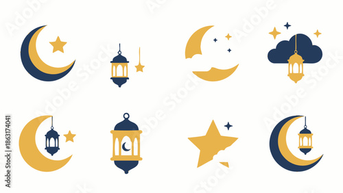 Islamic Crescent Moons, Stars, and Lanterns Illustration Set, Ramadan and Eid Decorative Icons Collection