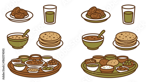 Ramadan Iftar meal set with dates, bread, and various dishes, plus another meal set with similar food items