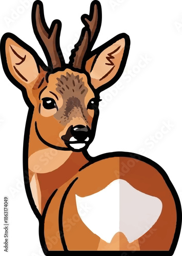 Stylized illustration of a young deer with small antlers and a white patch on its hindquarters