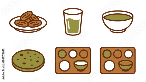 Ramadan Iftar icons: Dates, drink, soup, flatbread, and spice/condiment trays, Ramadan food icons, Arabic cuisine elements