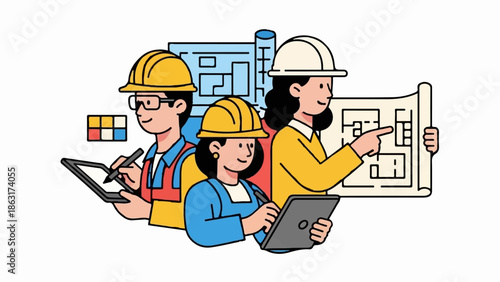 Team of architects discussing plans and using tablets