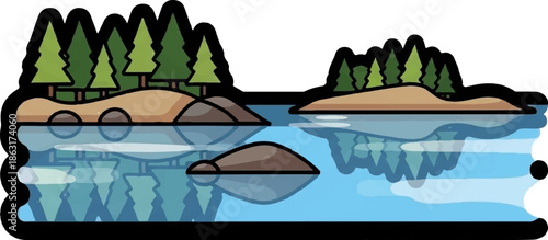 Stylized depiction of a serene lake reflecting a wooded shoreline with trees and rocks