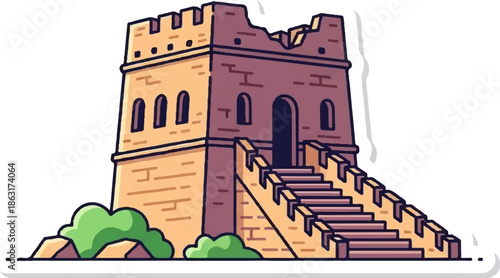 Stylized illustration of an ancient stone watchtower and a section of a fortress wall with stairs