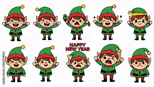Ten cute cartoon elves in green outfits with red trim, each with unique expressions and poses