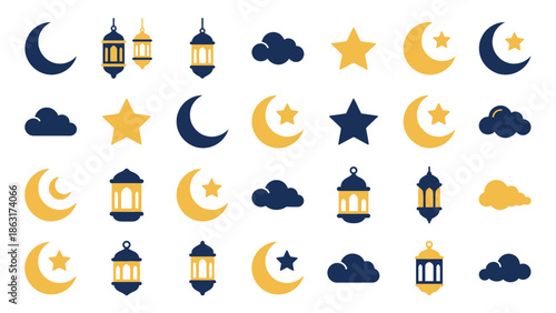 Ramadan and Eid-themed illustrations featuring crescent moons, stars, and lanterns, A collection of Islamic cultural icons for Ramadan and Eid celebrations.