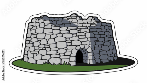 Stylized illustration of an ancient stone beehive hut or roundhouse with a dark arched entrance on green grass