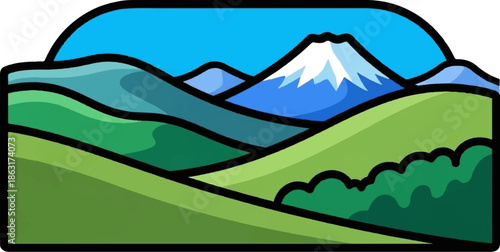 Stylized scenic view of rolling green hills leading to a snow-capped mountain under a clear blue sky