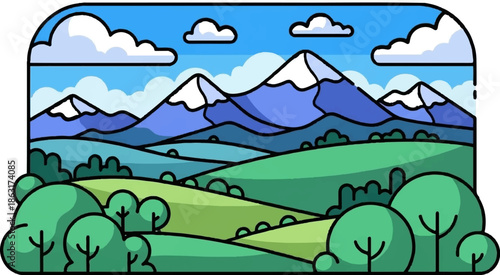 Stylized depiction of rolling green hills leading to snow-capped mountains under a blue sky