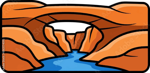 Stylized depiction of a natural rock formation, an arch bridging a calm blue river through a desert canyon